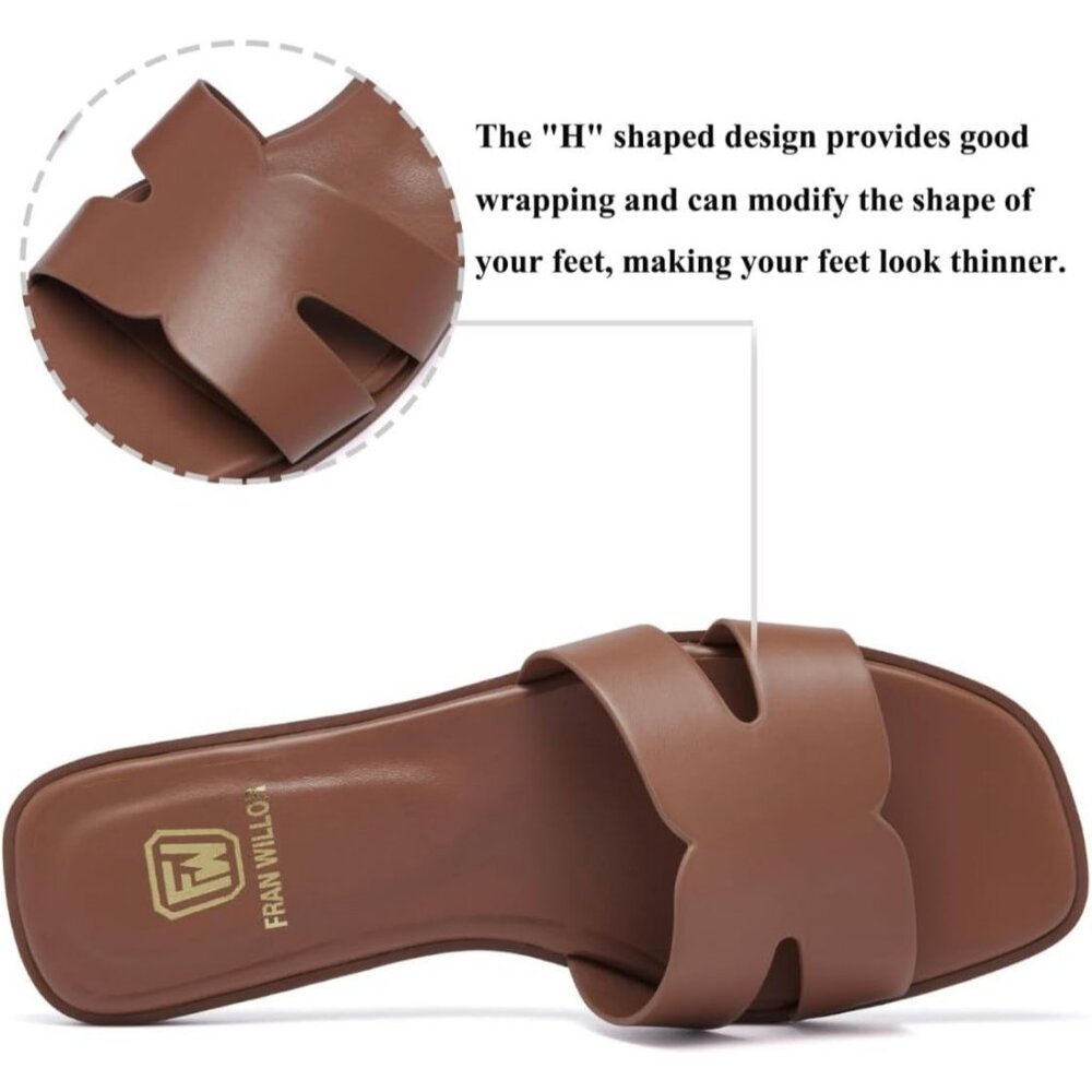 Women's Brown Square Open Toe Slip On Beach Summer Flat Slide Sandals - Picture 3 of 6
